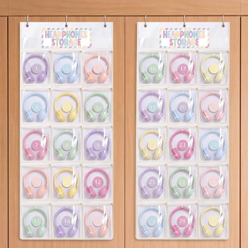 Singhoow 2 Pack Classroom Headphone Storage Organizer, 30 PVC Clear Classroom Headphone Holder Pocket Chart Cell Phone Storage Over the Door Hanging Bag with 62 Labels and 6 Hooks for School Library