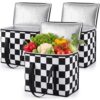 Singhoow 3 Pack Reusable Insulated Grocery Bags Beige Checkered Cooler Bags with Zippered Top Collapsible Cold/Hot Food Delivery Bag Cute Tote Bag for Pizza Party Catering Picnic(Black White)