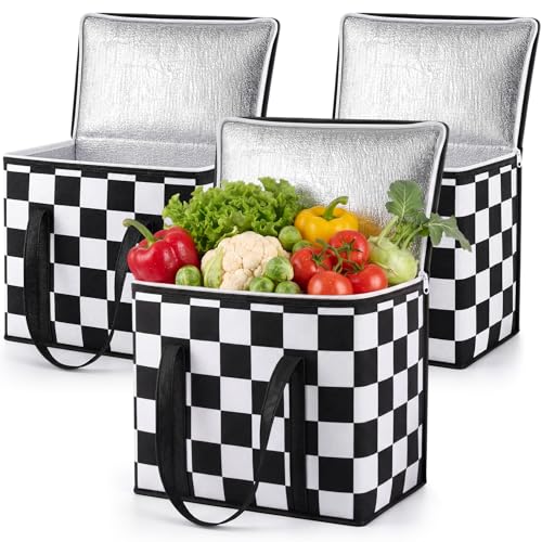 Singhoow 3 Pack Reusable Insulated Grocery Bags Beige Checkered Cooler Bags with Zippered Top Collapsible Cold/Hot Food Delivery Bag Cute Tote Bag for Pizza Party Catering Picnic(Black White)