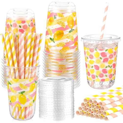 Singhoow 50 Set 16 oz Yellow U-gingham Gingham Cups Plastic Party Checkered Cups Lemon Drinking Cup Disposable Gingham Cup & Lids & Paper Straws for Lemonade BBQ Wedding Birthday Graduation Party