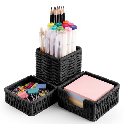 Singhoow Black Paper Rope Woven Desk Organizer Set of 3 Natural Desktop Accessories Pencil Pen Cup Paper Clip Storage and Sticky Note Holder for Women Men Farmhouse Office Home Desktop Table Decor