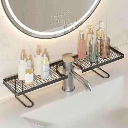 Sink Organizer Rack,No-Drill Freestanding Carbon Steel Faucet Storage Shelf, Washbasin Shelf, Tool-Free Organizer, Space-Saving Bathroom Countertop Organizer, Easy Drainage New (Black Large)
