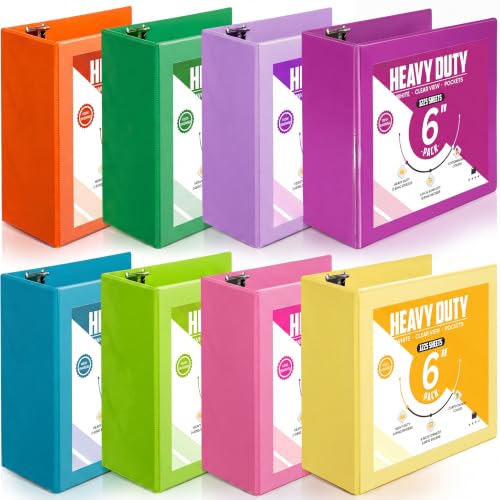 Sinload 8 Pcs 3 Ring Binder 6 Inch Capacity D Ring Binders with Pockets Large 8.5" x 11" Presentation Folder View Binder with Clear Cover for Documents, Files, Projects, Multicolor