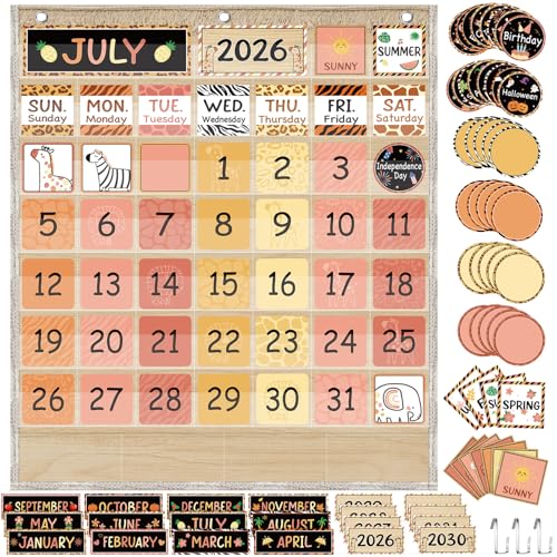 Sinload Classroom Calendar Pocket Chart Set Calendar Bulletin Board Set Seasons Festival Weather Pocket Chart for Classroom Decoration Back to School Supplies(We Belong,Wood Color)