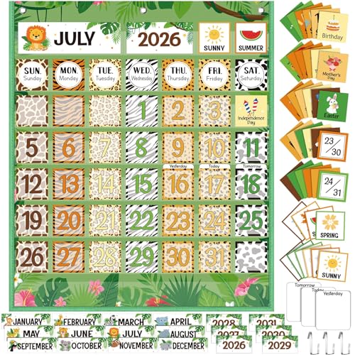 Sinload Classroom Calendar Pocket Chart Set Calendar Bulletin Board Set Seasons Festival Weather Pocket Chart for Classroom Decoration Back to School Supplies(Jungle,Green)