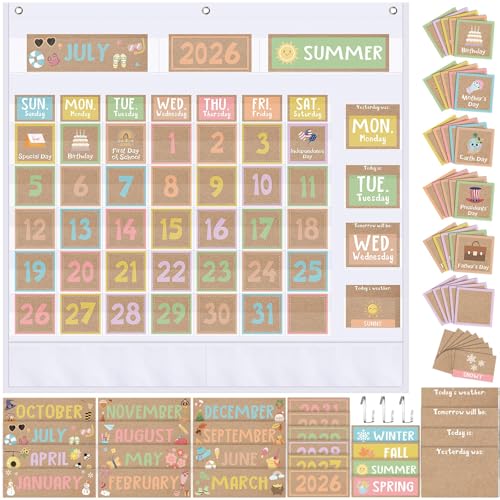Sinload Classroom Calendar Pocket Chart Set Calendar Bulletin Board Set Seasons Festival Weather Pocket Chart for Classroom Decoration with 3 Metal Hooks Back to School Supplies (Rustic,Wood)
