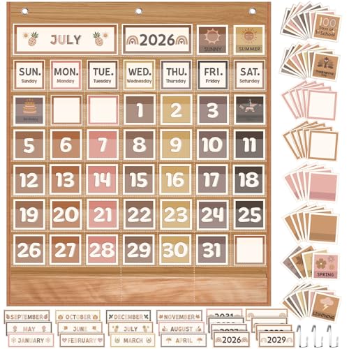 Sinload Classroom Calendar Pocket Chart Set Calendar Bulletin Board Set Seasons Festival Weather Pocket Chart for Classroom Decoration Back to School Supplies(Neutral Boho,Wood Color)