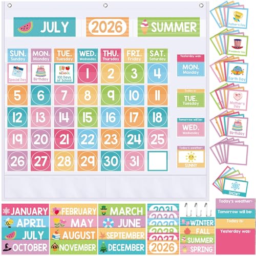 Sinload Classroom Calendar Pocket Chart Set Calendar Bulletin Board Set Seasons Festival Weather Pocket Chart for Classroom Decoration with 3 Metal Hooks Back to School Supplies (Lively,Colorful)