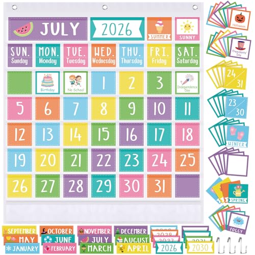 Sinload Classroom Calendar Pocket Chart Set Calendar Bulletin Board Set Seasons Festival Weather Pocket Chart for Classroom Decoration Back to School Supplies(Colorful,White)