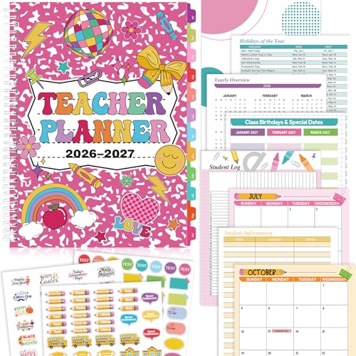 Sinload Teacher Planner 2026-2027 July 2026-June 2027, 11 x 8 inch Teacher Lesson Planner with Stickers Monthly Tabs Lesson Plan Book for Teachers Home school Classroom Organizer(Pink)