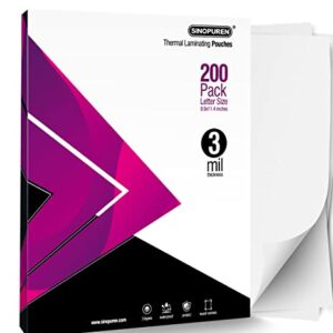 SINOPUREN Thermal Laminating Pouches, 3mil Laminating Sheets, 8.9x11.4 Inches, Letter Size, HeatSeal, Clear (200pack)