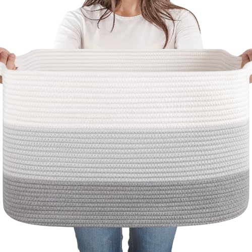 SIXDOVE 65L Cotton Rope Large Blanket Basket (19.7"x15.7"x11.8") for Living Room, Kids Room & Laundry, Storage Basket with Handle for Organizing Blankets, Pillows, Clothes & Toys, Gradient Grey