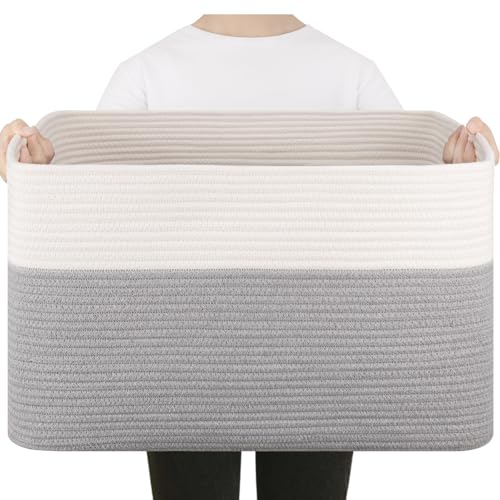 SIXDOVE 75L Large Cotton Rope Basket, Soft Toy Storage Bin for Nursery & Living Room, Decorative Blanket Basket for Bedroom, Baby-Safe Organizer for Pillows &Laundry, 22''×17''×12'', Grey and White