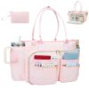SIYNPAV Teacher Tote Bag with 15.6 inch Laptop Compartment, Large Work Tote Bag with Insulated Pocket, Quilted Nylon Teacher Utility Bag with Shoulder Strap for Office Supplies Organizer Women (Pink)