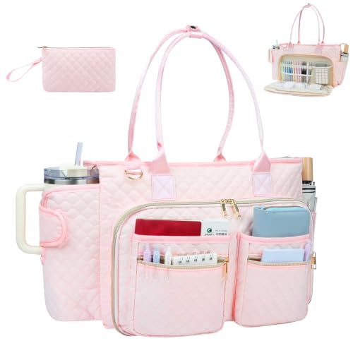 SIYNPAV Teacher Tote Bag with 15.6 inch Laptop Compartment, Large Work Tote Bag with Insulated Pocket, Quilted Nylon Teacher Utility Bag with Shoulder Strap for Office Supplies Organizer Women (Pink)