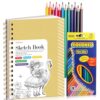 Sketch Book with 12 Colored Pencils, 90 Sheets, Spiral, Yellow