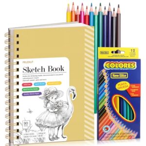 Sketch Book with 12 Colored Pencils, 90 Sheets, Spiral, Yellow