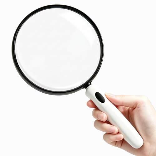 SKGXMAGN 10X Large Magnifying Glass for Reading, Handheld Magnifier with 5.12-Inch Shatterproof Lens, Non-Slip Soft Handle for Seniors, Close Work, Books, Hobbies and Nature Exploration(White)
