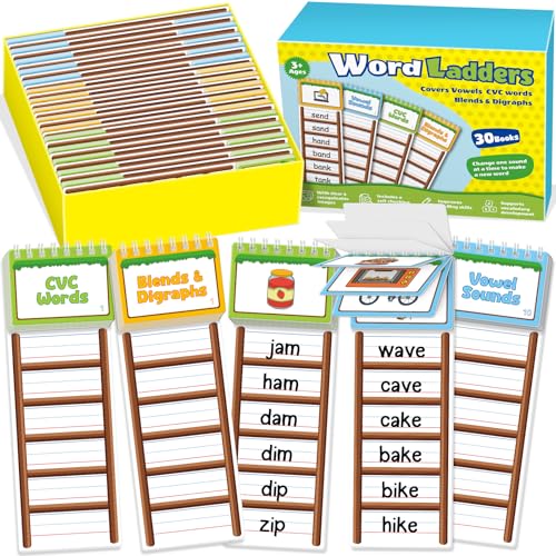 SkilLify Sight Words Flash Cards Kindergarten, 30 Word Ladder Flip Books for Kids, Phonics Word Family Build Book, Reading & Spelling Games, Preschool Learning Activities, Homeschool & Classroom