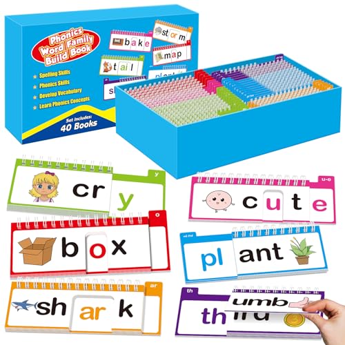 SkilLify Word Family Build Book, 40 Read and Rhyme Flip Books, Learn to Read Phonics Flash Cards, Sight Words Flash Cards Kindergarten Flip Books for Kids Homeschool Preschool Learning Activities