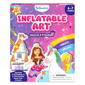 Skillmatics Inflatable Art Unicorns & Princesses – 3D DIY Craft Kit for Kids, Mess-Free Coloring Set with Crayons & Straws, Gift for Girls & Boys Ages 4, 5, 6, 7