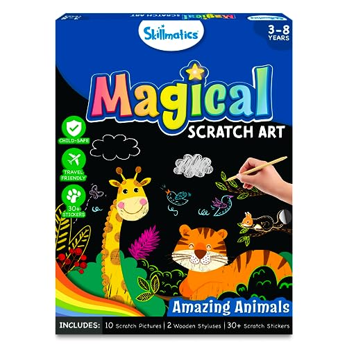 Skillmatics Scratch Art Book for Kids - Animals, Craft Kits & Supplies, 30+ Scratch Stickers, Travel Toys, DIY Kit, Gifts for Boys & Girls Ages 3, 4, 5, 6, 7, 8