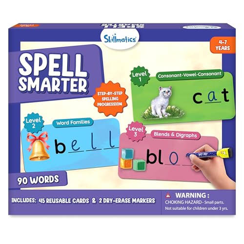 Skillmatics Spell Smarter – Phonics & Spelling Write and Wipe Flashcards, Learn to Read with CVC Words, Blends & Digraphs, Preschool Kindergarten Homeschool Activity, Gift for Kids Ages 4, 5, 6, 7