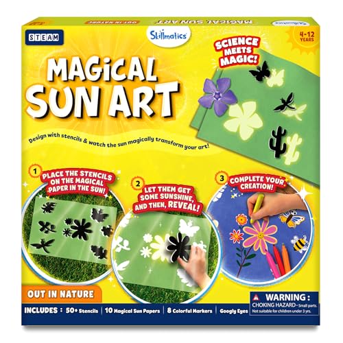 Skillmatics Sun Paper Art Kit - STEM Craft Kit for Kids with Decorative Paper, Stencils & Markers, Create with Sunlight, Mess-Free, Indoor Fun, Gifts for Ages 4, 5, 6, 7, 8, 9, 10, 11, 12