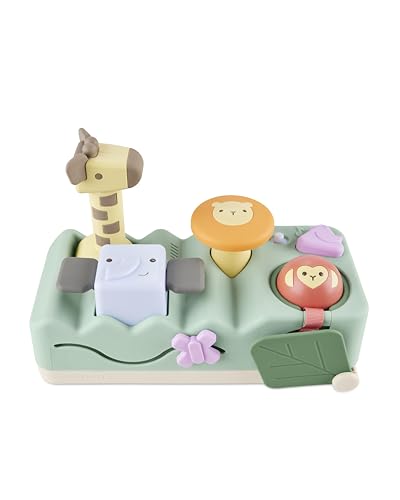 Skip Hop Tummy Time & Seated Play Cause & Effect Developmental Musical Baby Toy with 12 Animal Sounds, Lights, Music and 6 Activities, Geometric Wonders 2-in-1 Pounding Bench, Age 3m+