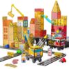 SKTMYY Magnetic Tiles Construction Toys with Road & Crane & Marble Run, Double-Sided Fire Station & Building Magnet Tiles for Kids Ages 4-8, STEM Magnetic Blocks Gifts for 3 4 5 6 7 8 Years Old Boys