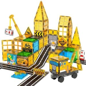 SKTMYY Magnetic Tiles for Kids, Construction Toys with Crane Road Truck Magnets Building Blocks Gifts for Kids Ages 3-5 4-8 Montessori Preschool Educational STEM Toy Gifts for 3+ Years Old Boys