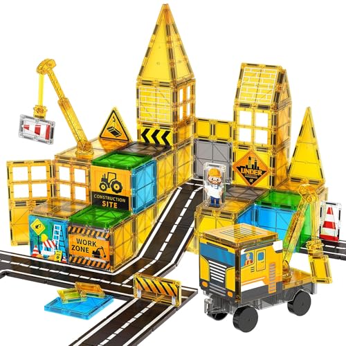 SKTMYY Magnetic Tiles for Kids, Construction Toys with Crane Road Truck Magnets Building Blocks Gifts for Kids Ages 3-5 4-8 Montessori Preschool Educational STEM Toy Gifts for 3+ Years Old Boys