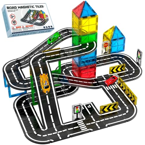 SKTMYY Magnetic Tiles Road Set with Cars & Ramp, STEM Magnetic Tiles for Kids Ages 4-8, Creative Magnet Building Blocks Expansion Pack, Montessori Toys for 4+ Years Old Boys Birthday Gifts