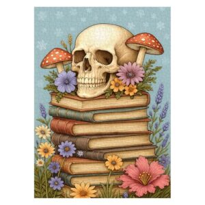 Skull Puzzles for Adults 1000 Pieces, Mushroom Wildflower Book Jigsaw Puzzles, Vintage Floral Skeleton Puzzle
