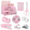 SKYDUE Pink Desk Accessories, Pink Office Supplies Set, Mesh Desk Organizer, Stapler, Tape Dispenser, Scissors, Binder/Paper Clips and 1000pcs Staples, Desk Organizer for Women, Gifts