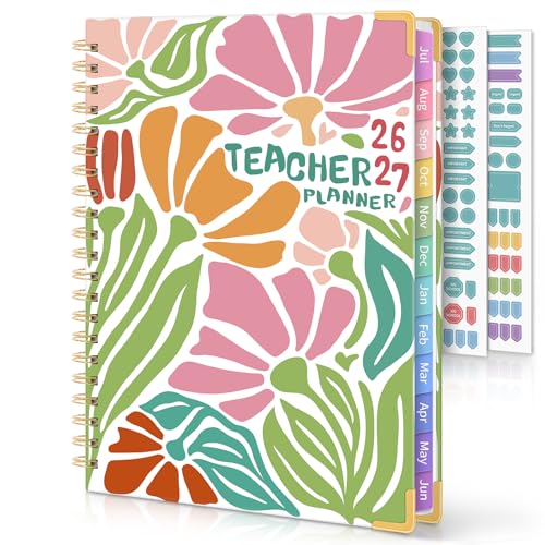 SKYDUE Teacher Planner 2026-2027 Academic Year, 8.5" x 11" Deluxe Teacher Lesson Planner with Monthly Tabs & Stickers, Lesson Plan Book 26-27, AbstractFloral