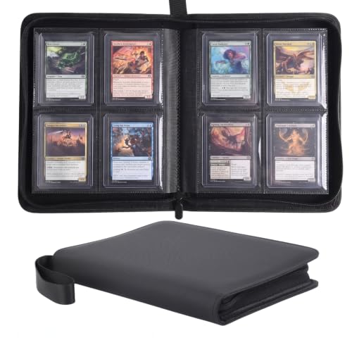 SKYHJK 4 Pocket Toploader Binder, Fits 128 Cards, Premium PU Leather Top Loader Storage Binder with Zipper, Waterproof Side Loading Card Holder for 3" x 4" Rigid Toploaders and Sports Cards (Black)