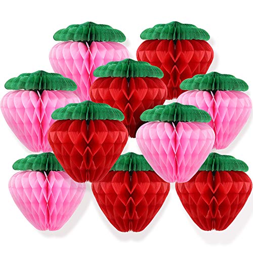 Skylety 10 Pcs 6 Inch Strawberry Party Decorations Red Pink Tissue Pom Poms Honeycomb Balls Paper Strawberry Lanterns Garland for Berry First Birthday Party 1st Baby Shower Sweet Fruit Wedding Decor
