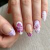 Slayoung 30Pcs Summer Press on Nails Medium Almond Fake Nails Purple Flower Nails Press ons 3D Rhinestone Pearl Design Reusable Artificial French Tip False Nails Full Cover Stick on Nails for Women