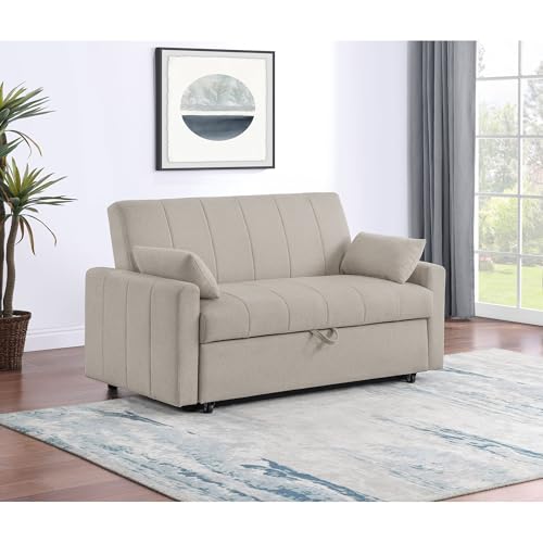 Sleeper Sofa, Sofa Bed, Latte Bouclé Convertible Sleeper Sofa, Pull-Out Couch with Casters and Matching Bolster Pillows, Channel Tufted Fabric Sofa for Living Room and Den, 59.75 Inch