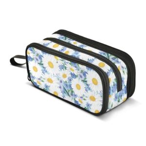 Sletend Pencil Case Zipper Pencil Holder Flower Daisies Floral Large Capacity Pencil Pouch Stationery Pen Bag for Teen Girls