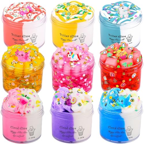 Slime Kit 9 Pack, with 3 Jelly Cube Crunchy Slime and 3 Cloud Slime and 3 Butter Slime, Soft and Non-Sticky, DIY Slimes Toys for Girls Boys, Kids Stress Relief Toy, Birthday Favor, Party Favors
