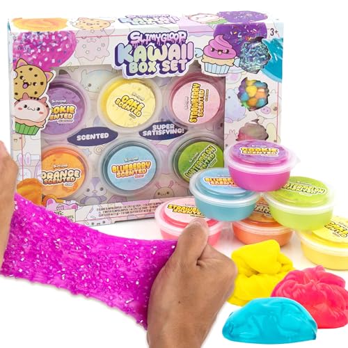 Slimygloop Kawaii Box Set - 6-Pack Scented Slimes With Fluffy Cloud, Glitter, Water, Fun Add Ins - Kids Party Favors, Goodie Bags, Bulk Food Slime