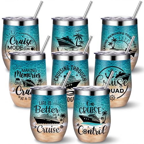 Sliner 8 Pcs Cruise Gifts Tumbler with Lid, 12oz Stainless Steel Cruise Mugs Insulated Cruising Ship Wine Glass Tumbler Travel Mugs for Women Men Weekend Trip Vacation Souvenir Gifts