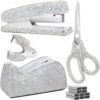 SlowVibes 4pcs Bling White Stapler and Tape Dispenser Set with Rhinestones | Glam Scissors & Staple Remover with 1000 Staples | Sparkle Desk Accessories for Women | Glitter Office Supplies for Girls