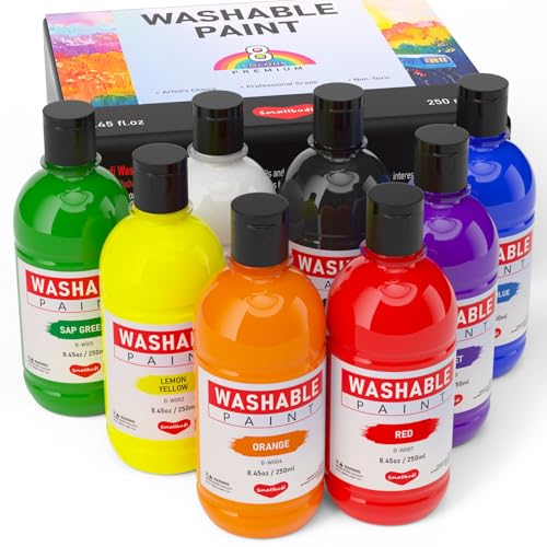Smallbudi 8 Colors Large Washable Paint Set for Kid (8.45oz,250 ml), Bulk Acrylic Paint Supplies Non Toxic Children Tempera Paint for Art, Craft, DIY, Poster & Finger Paint, Face, School Home Classroom Party