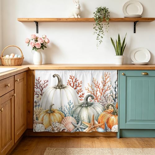 Small Cabinet Curtains for Kitchen Under Sink Skirt for Bathroom Coastal Fall Dishwasher Curtain Cover Thanksgiving Orange Pumpkin Leaves Coral Desk Curtain Skirt Drape for Classroom Laundry 10"x11"