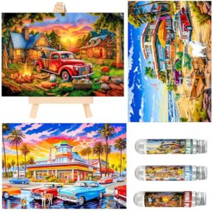 Small Jigsaw Puzzles for Adults 150 Pieces American Retro Illustration Mini Jigsaw Puzzles Challenging 6 x 4 Inches, 3 Pcs,Mini Easel Included