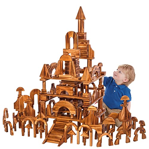 Small Outdoor Wooden Building Blocks 67 Pcs for Kids– Carbonized Pine Construction Set, Smooth Sensory Blocks for Preschool, Daycare, Homeschool, STEM Building Toys Fine Motor Skills (18.7lbs/8.5kg)