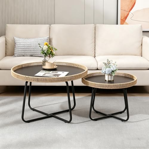 Small Round Nesting Coffee Table Set of 2, Woven Nesting Side Tables with Metal Frame, Modern Circle End Tables for Living Room Bedroom Office Balcony Outdoor